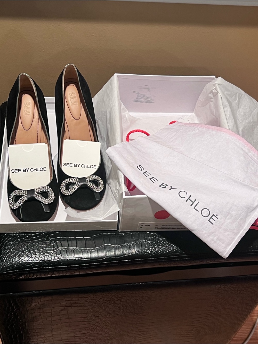 See By Chloé Black Suede Bow Pumps with Crystal Detail